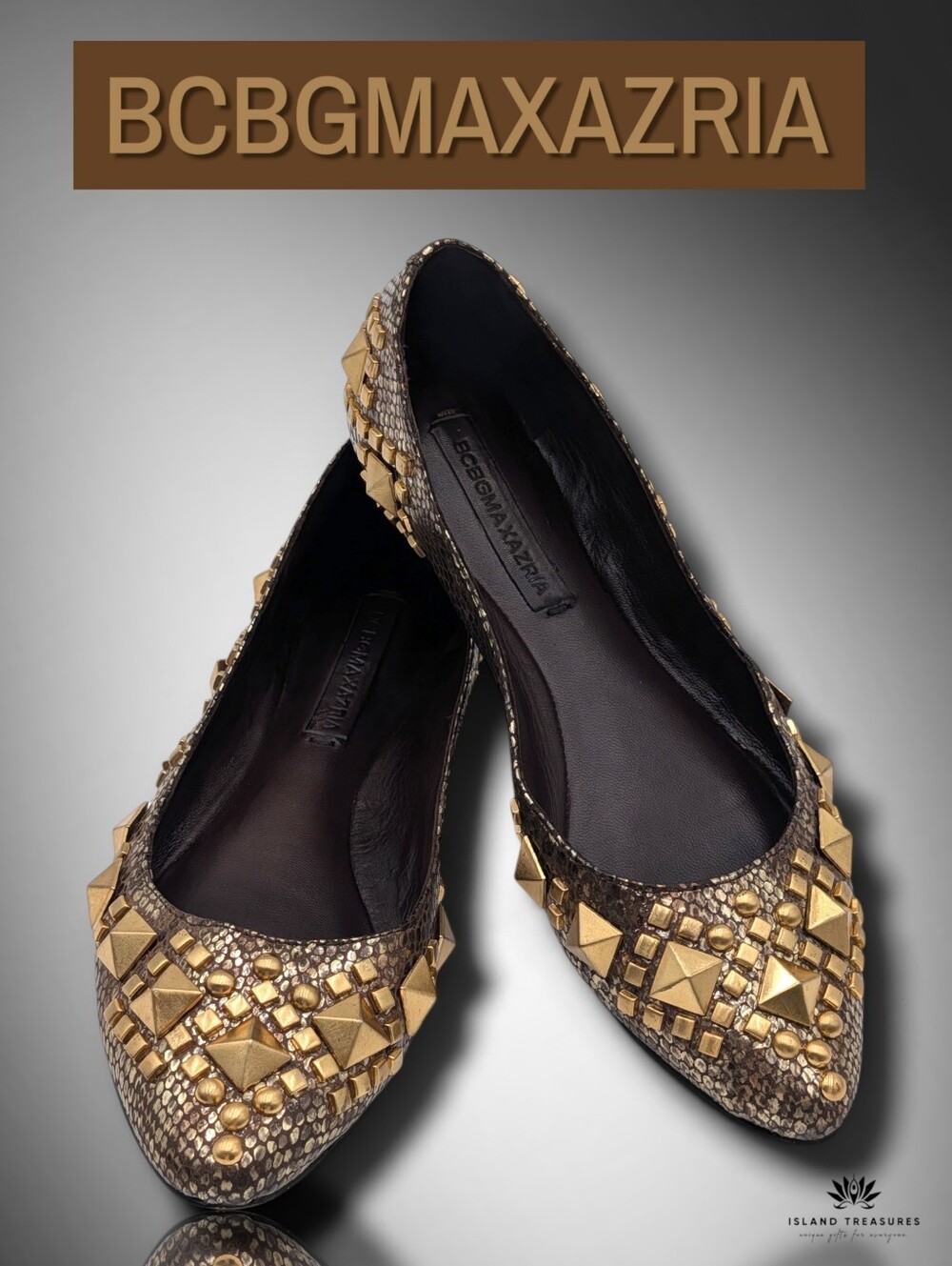 BCBGMAXAZRIA Sz 6B Gandy Gold Studded Snake Print Pointed Toe Flats